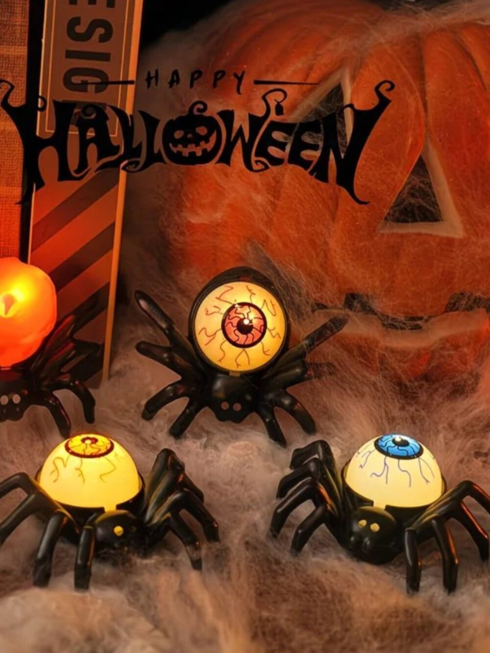 3 Pack Creepy Eyeball Spider Tea Lights, Halloween Indoor Decor Lamps